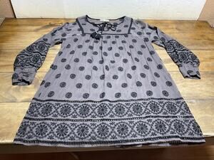 Johnny Was Women Gray Front Tie Silk Embroidered Boho Long Smocked Sleeve Top M